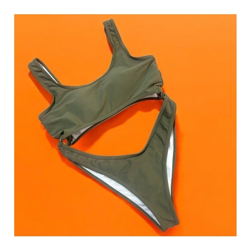 Olive Green Cutout One Piece Swimsuit Monokini O-Ring High Leg Size M
